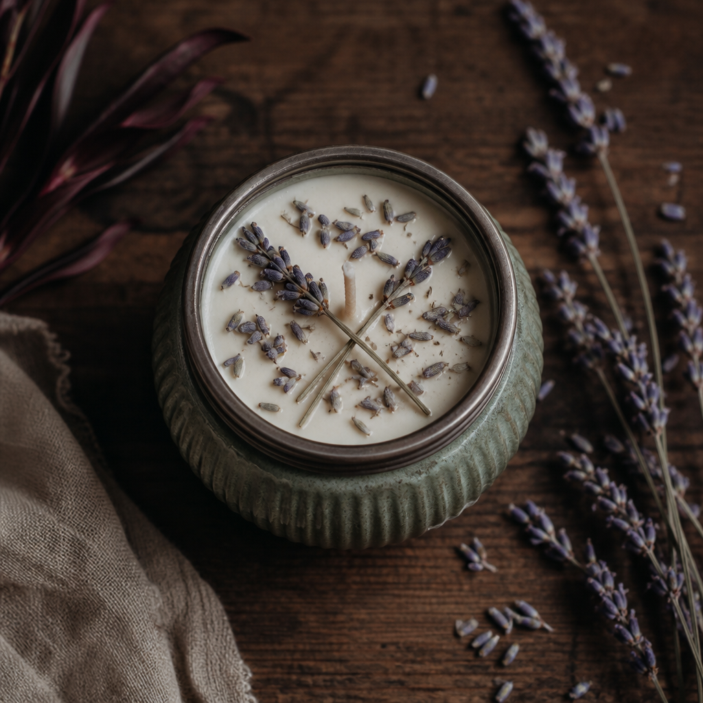 Lavender Protection / Peace Candle styled flat lay