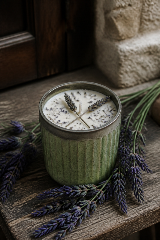 Lavender Protection / Peace Candle, photographed outdoors in a natural setting