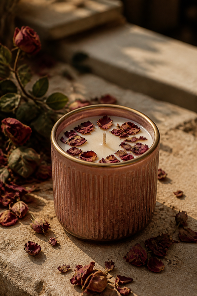 Love / Rose Candle, photographed outdoors in a natural setting