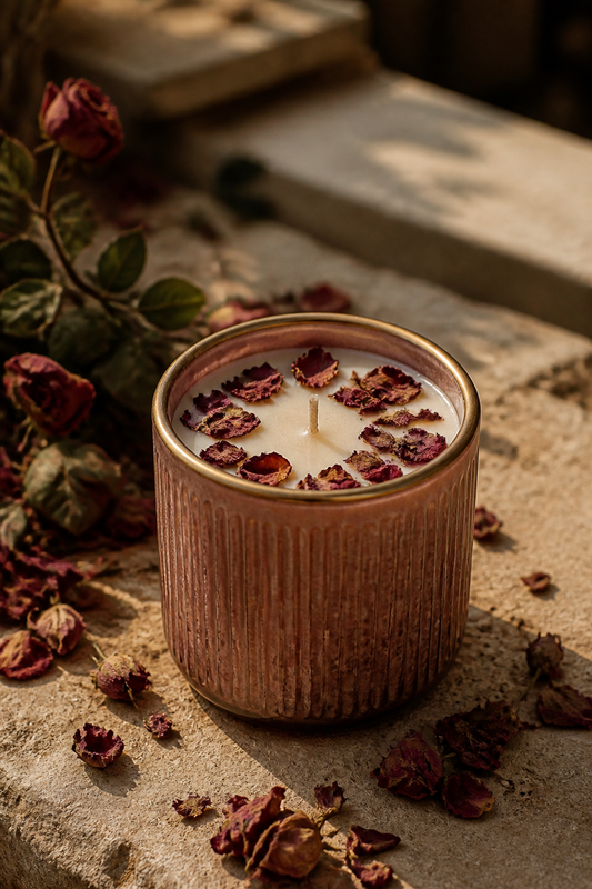 Love / Rose Candle, photographed outdoors in a natural setting