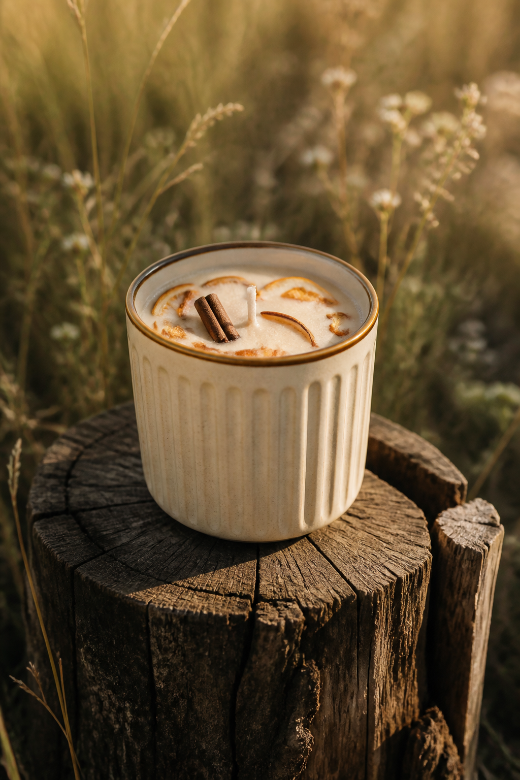 Vanilla Abundance Candle, photographed outdoors in a natural setting