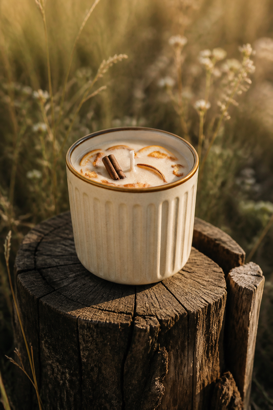 Vanilla Abundance Candle, photographed outdoors in a natural setting